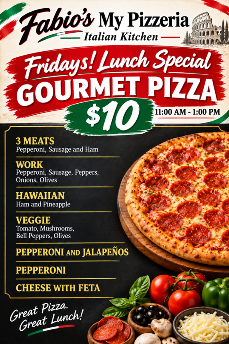 Every Friday: $10 Gourmet Pizza Lunch Special